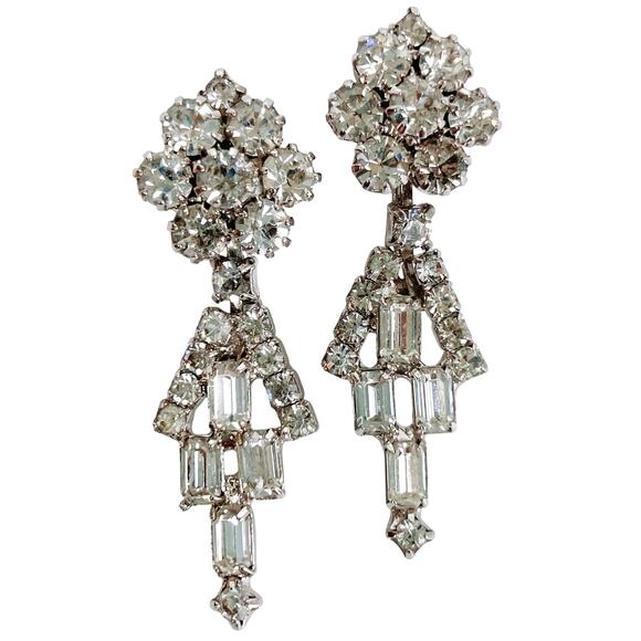 VTG 1950s Mid Century Clear Rhinestone Chandelier Dangle Clip On Earrings - Picture 1 of 9